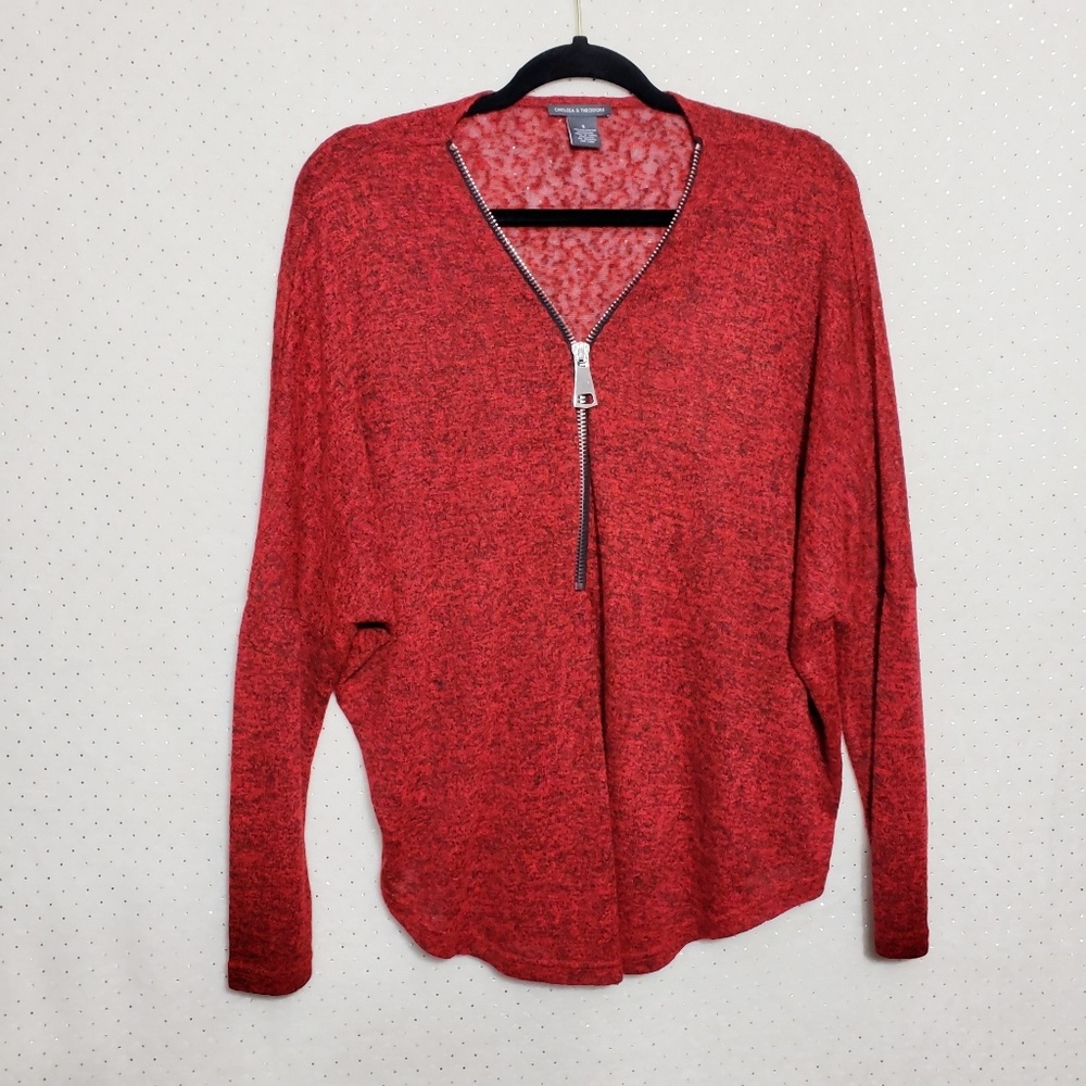 Zipper Front Dolman Sleeve Sweater * Red / Black * Loose Fit *Sz S*